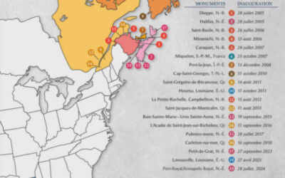 Dix-neuf monuments de l’Odyssée acadienne érigés par la Société nationale de l’Acadie
